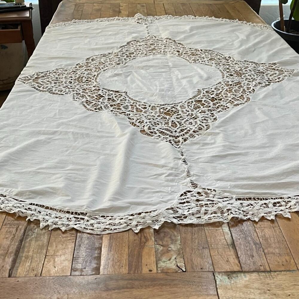 Vintage White Floral Lace Cut Out Corner Tablecloth 61" x 63" Cottagecore